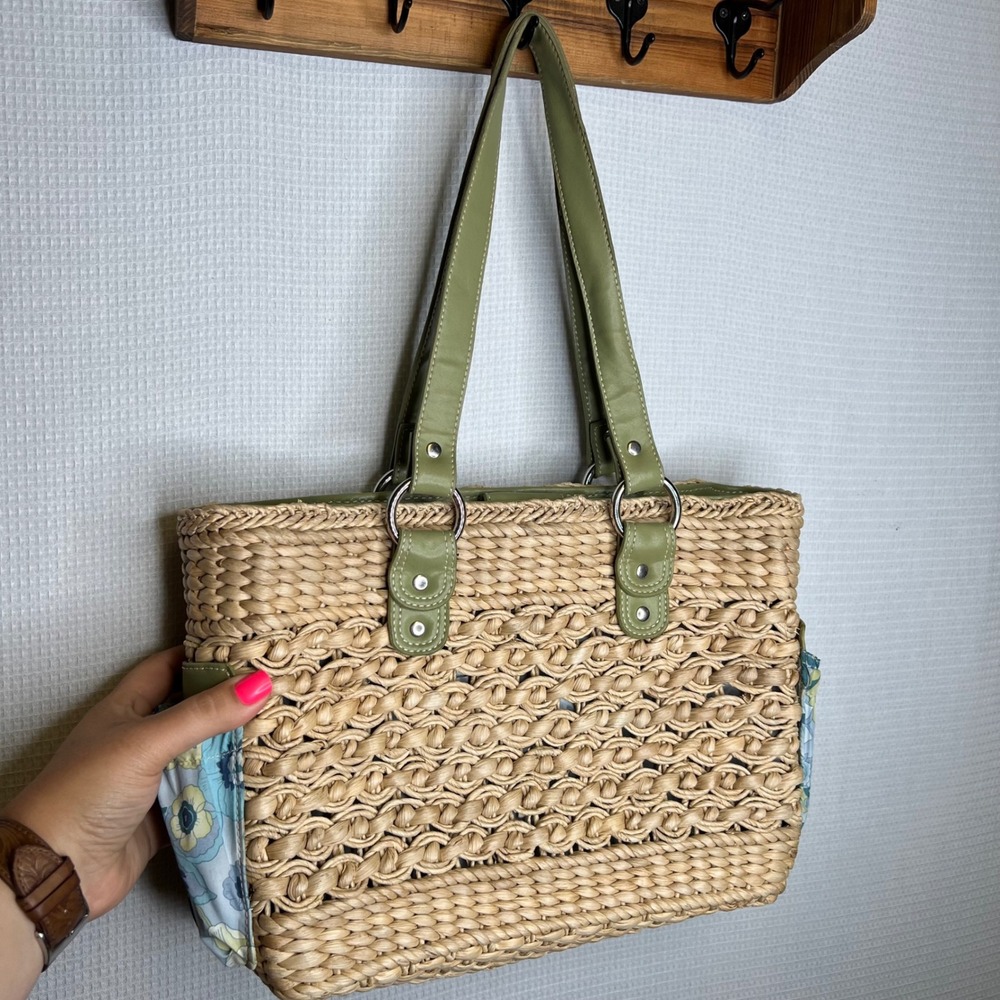 Bandalino Woven Vintage‎ VTG Straw Bag Purse Tote Floral Lined Green Handles